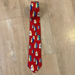 VTG Lands’ End Nautical Sailboats Silk Tie Red blue white green party Americana